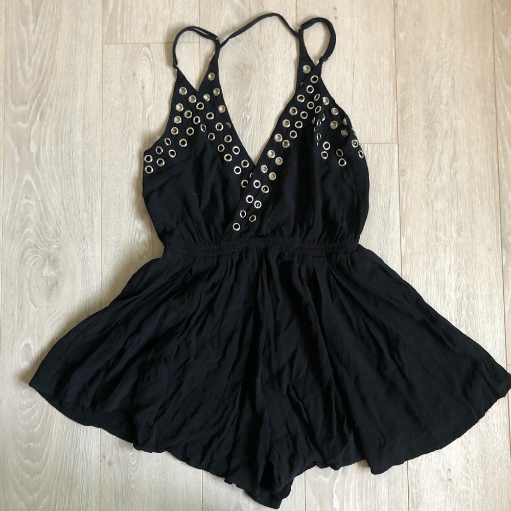 Eyelet Ring Studded Romper V Tank Sleeveless Black
